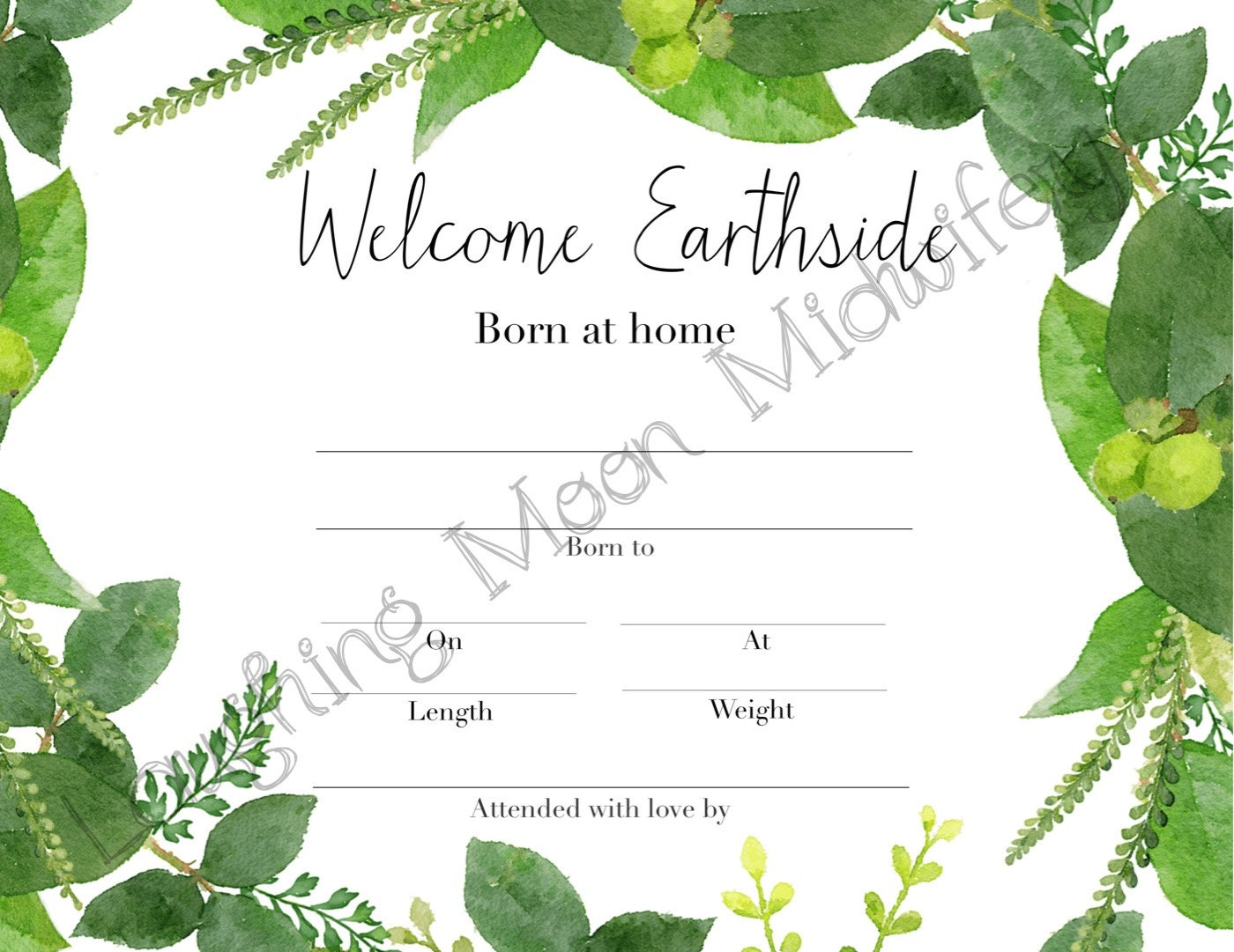 Commemorative Birth Certificate, Welcome Earthside, Born at Home