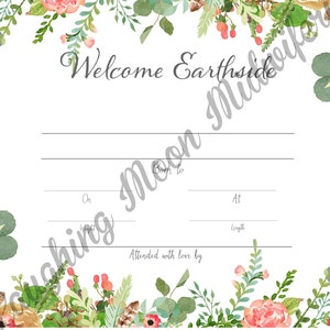 Certificado de nacimiento conmemorativo, lado de la tierra de bienvenida, floral, recuerdo de la huella del recién nacido, arte de la guardería / / regalo de la nueva mamá