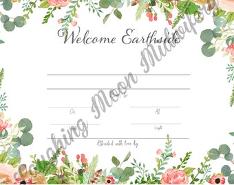 Commemorative Birth Certificate, Welcome Earthside, Floral, Newborn Footprint Keepsake, Nursery Art// New Mom Gift