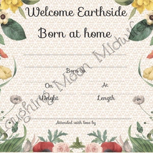 Herdenkings geboortecertificaat, welkom Earthside, geboren thuis, bloemen, bloemen, pasgeboren voetafdruk aandenken, kinderkamer kunst//nieuwe mom cadeau
