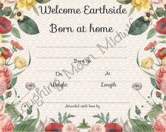 Commemorative Birth Certificate, Welcome Earthside, Born at Home, floral, flowers, Newborn Footprint Keepsake, Nursery Art// New Mom Gift