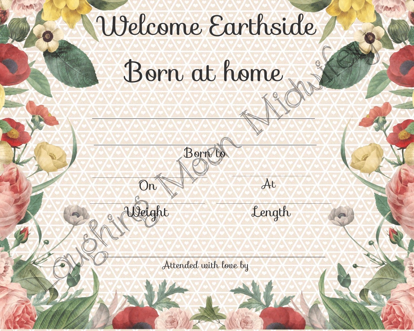 Commemorative Birth Certificate, Earthside, Born at Home