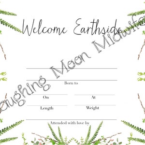 Herdenkings geboortecertificaat, welkom Earthside, geboren thuis, pasgeboren voetafdruk aandenken, kinderkamer kunst//nieuwe mom cadeau, groen, natuur