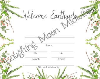 Commemorative Birth Certificate, Welcome Earthside, born at home, Newborn Footprint Keepsake, Nursery Art// New Mom Gift, greenery, nature