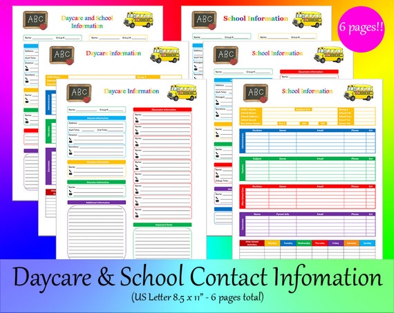 Daycare, school, teacher, classmate contact info, activity and therapy info - Letter 8.5x11 - PRINTABLE UNLIMITED - Family Binder - 6 pages