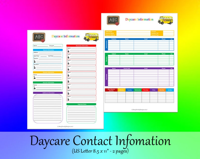 Daycare, school, teacher, classmate contact info, activity and therapy info - Letter 8.5x11 - PRINTABLE UNLIMITED - Family Binder - 6 pages image 3