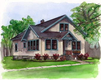 May include: A watercolor painting of a beige house with a blue roof and green trim. The house has a front porch with a brick walkway and a planter with flowers. There are trees and bushes in the yard.