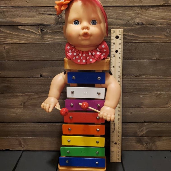Weird, Steampunk Upcycled Altered Vintage Toy Xylophone Doll Asemblage-Pride