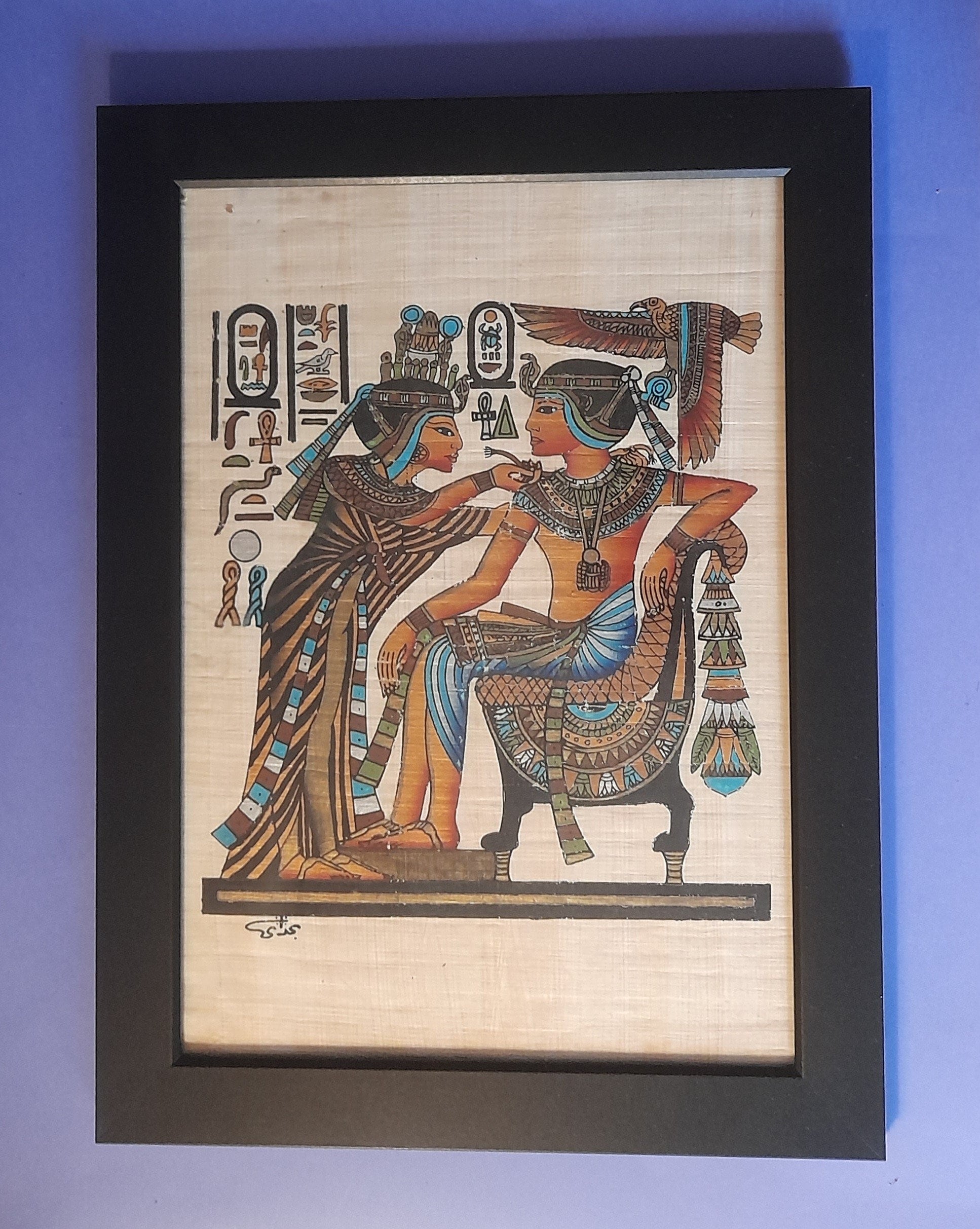 Véritable Papyrus Égyptien Peint à La Main – Couleurs Or Et Noir – Années 1970