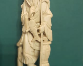 Figurine de pêcheur antique, belle figurine chinoise sculptée à la main en pierre ollaire, très ancienne figurine de pêcheur fabriquée à la main et signée livraison gratuite