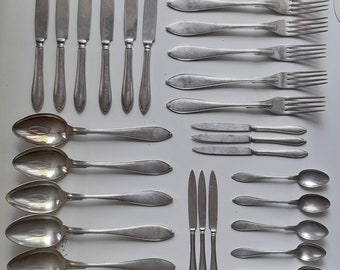 Vintage Silver Plated Dinner Spoons, Forks, Dinner & Fruit Knifes, Tea Spoons,. Prima NS Sweden, Set of_30 pcs.