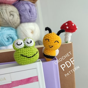Crochet bookmark pattern, Amigurumi bee pattern, Crochet mushroom pattern, Crochet frog pattern, Set of 3 pattern