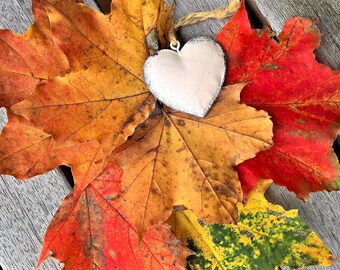 Può includere: Un ornamento bianco a forma di cuore con un bordo glitterato argentato poggia su un letto di foglie autunnali colorate. Le foglie mostrano sfumature di rosso, arancione, giallo e verde, creando un tema stagionale.