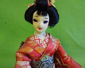 Japanese Geisha Black Kimono and Obi Sash on a Wooden Base Lucky Charm Figurine Vintage Souvenir Doll from Japan
