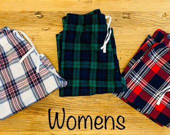 Women's Checked PJ Trousers. Tartan Pyjamas Green/Navy Red/Navy Pink