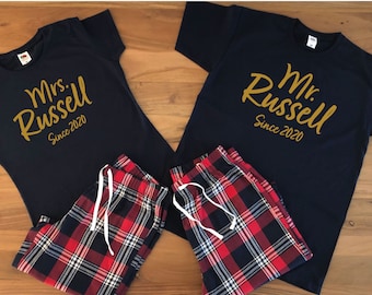 Mr and Mrs Tartan Cotton Pyjamas Set. Matching His and Hers Pyjamas, Hubby and Wifey Pajamas, Wedding Gift for couples, Anniversary Gift