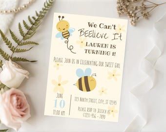 Plantilla editable de invitación para el primer cumpleaños infantil con temática de abejas (descarga digital)