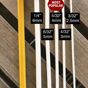 May include: An image of several white and yellow rods of varying thicknesses. The rods are labeled with their measurements in inches and millimeters, including 1/4" (6mm), 5/32" (4mm), 3/32" (2.5mm), 6/32" (5mm), and 4/32" (3mm). A red circle indicates "Most Popular".