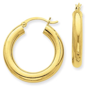 14K Yellow Gold Round Hoop  Earrings 4 MM X 20 MM