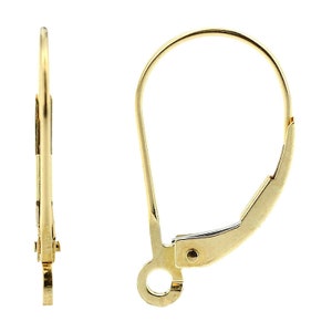 May include: Two gold-colored leverback earring findings. The findings are made of metal and have a hinged design. One is closed, and the other is open, showing the mechanism. The earring findings are designed for jewelry making.