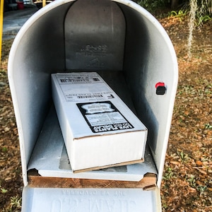 May include: A white cardboard box with black text and a label that says "LIVE PLANTS DO NOT DELAY USPS FIRST CLASS PKO" is inside a silver mailbox.