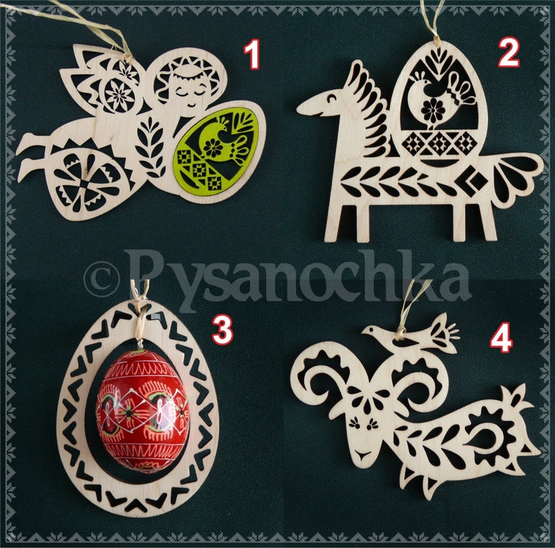 May include: Four wooden ornaments with intricate designs, each featuring a different animal holding a decorated Easter egg. The animals are an angel, a horse, a ram, and a bird. The eggs are decorated with traditional Ukrainian pysanka patterns.