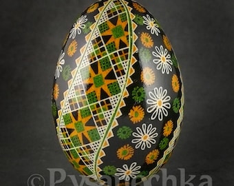 May include: A hand-painted egg with a black base colour. The egg is decorated with a geometric pattern of green and yellow starbursts, white and yellow flowers, and a white border. A unique decorative item.