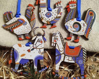 Conjunto de adornos de animales de granja, adornos navideños de estilo rústico, adornos de madera para colgar en el árbol de Navidad, pintados a mano