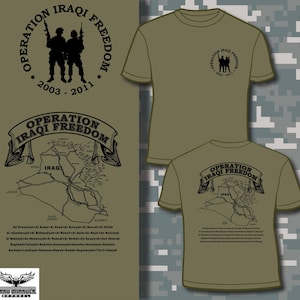 May include: Olive green t-shirts with the text "OPERATION IRAQI FREEDOM" and a graphic of soldiers. One shirt displays a map of Iraq. The text "2003-2011" is also present. The shirts are displayed on a camouflage background.