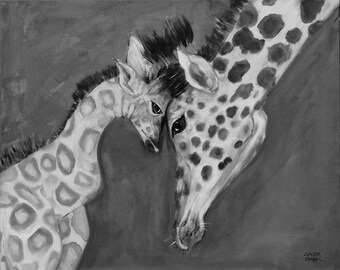 Giraffe mom and baby" in black and white with background color of your cchoosing Fine art print or Puzzle