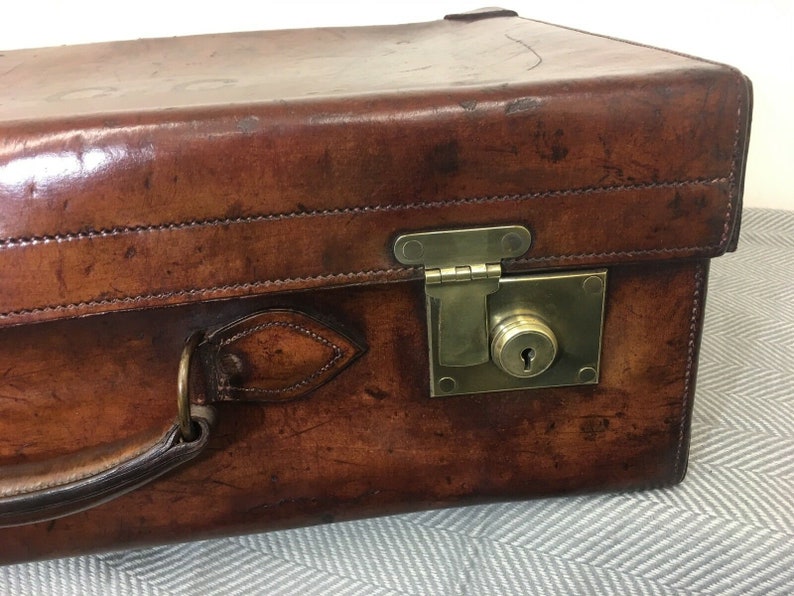 Antique H Greaves Heavy Leather Chunky Motoring Travel Suitcase Royal C.1860