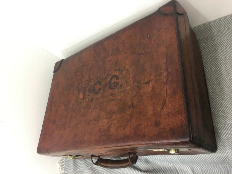 Antique H Greaves Heavy Leather Chunky Motoring Travel Suitcase Royal C.1860