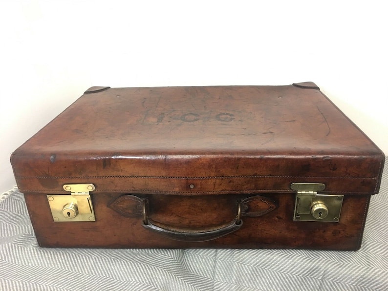 Antique H Greaves Heavy Leather Chunky Motoring Travel Suitcase Royal C.1860