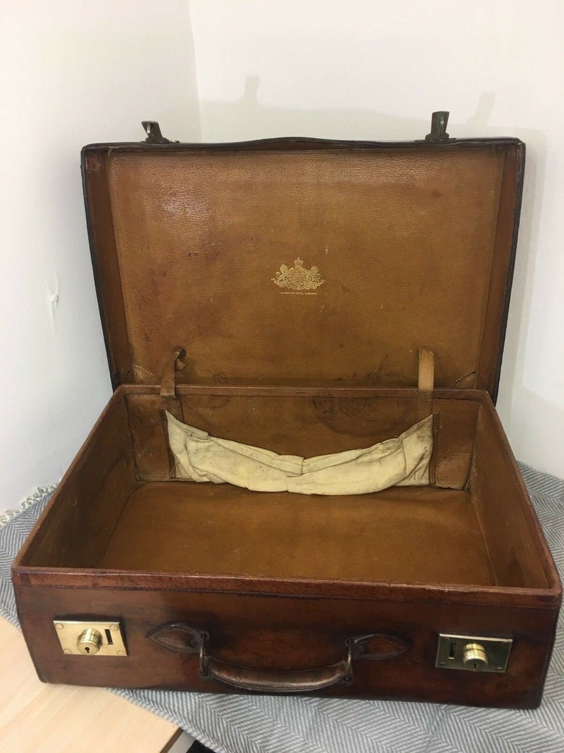 Antique H Greaves Heavy Leather Chunky Motoring Travel Suitcase Royal C.1860