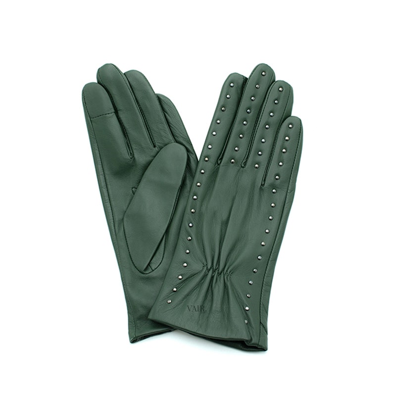 Studded ladies silk lined leather gloves