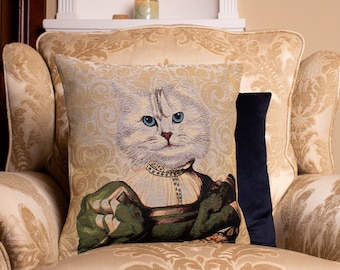 Royal Cat: Jacquard Fabric Cushion Cover with a Regal Cat Design – Handmade in Europe