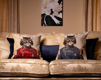 Commander Cat: Jacquard Fabric Cushion Covers with a Cat Design in Traditional Military Uniform – Handmade in Europe