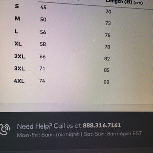 May include: Size chart showing width and length measurements in centimeters for sizes S through 4XL.  The chart includes the following sizes: S, M, L, XL, 2XL, 3XL, and 4XL.