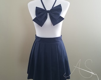 Knife Pleat Skirt with Matching Bow Set - Anime School Uniform Cosplay - Pleated Mini Skirt with Large Matching Oversized Bow Tie