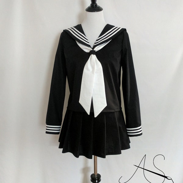 Black and White Sailor Cosplay - Japanese Anime School Uniform - Long Sleeved Black Seifuku with White Stripes and White Tie