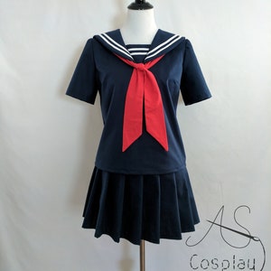 Cosplay Seifuku Navy Blue Knife Pleat Skirt and School Girl Uniform Shirt with Sailor Collar, Modesty Panel, and Tie Sailor Fuku Cosplay image 1