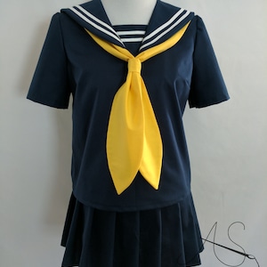 Cosplay Seifuku Navy Blue Knife Pleat Skirt and School Girl Uniform Shirt with Sailor Collar, Modesty Panel, and Tie Sailor Fuku Cosplay image 5