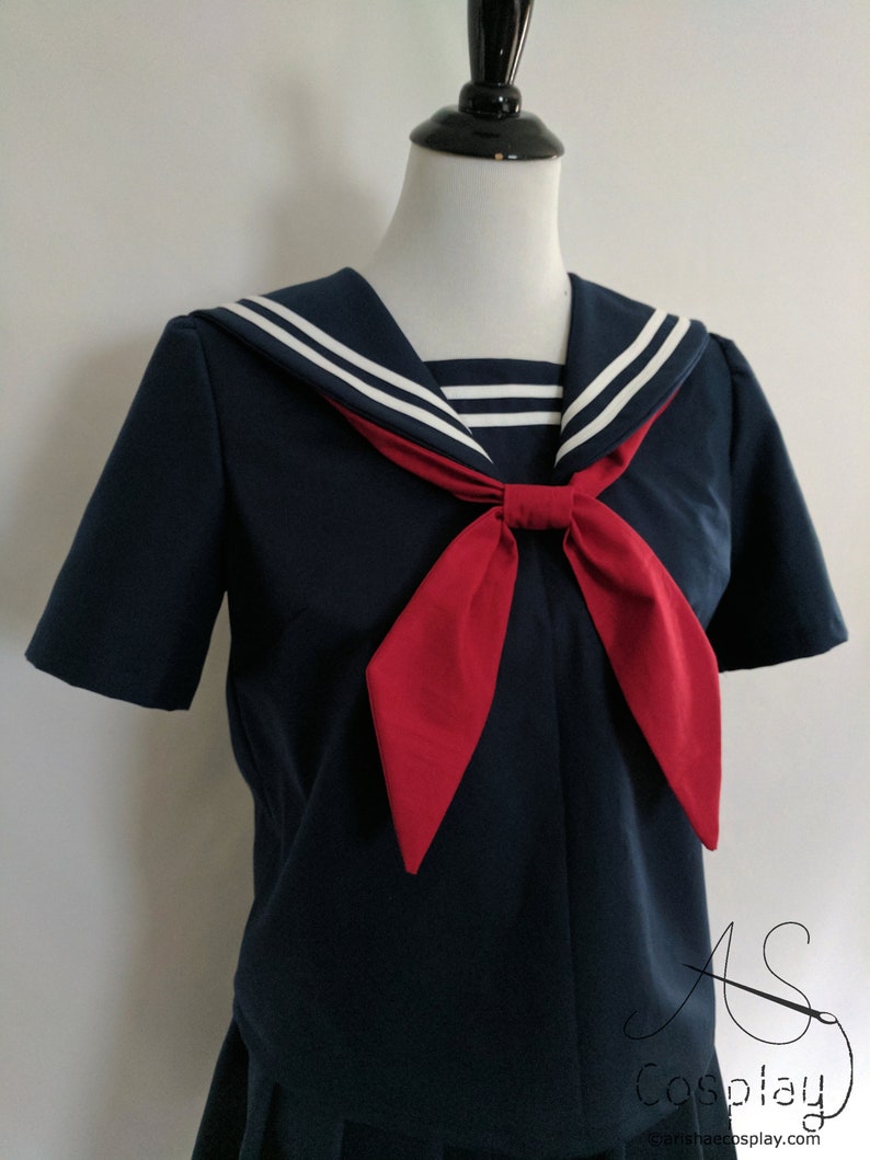 Cosplay Seifuku Navy Blue Knife Pleat Skirt and School Girl Uniform Shirt with Sailor Collar, Modesty Panel, and Tie Sailor Fuku Cosplay image 6