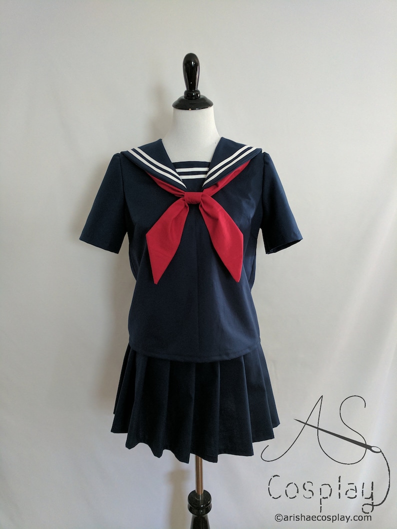 Cosplay Seifuku Navy Blue Knife Pleat Skirt and School Girl Uniform Shirt with Sailor Collar, Modesty Panel, and Tie Sailor Fuku Cosplay image 8