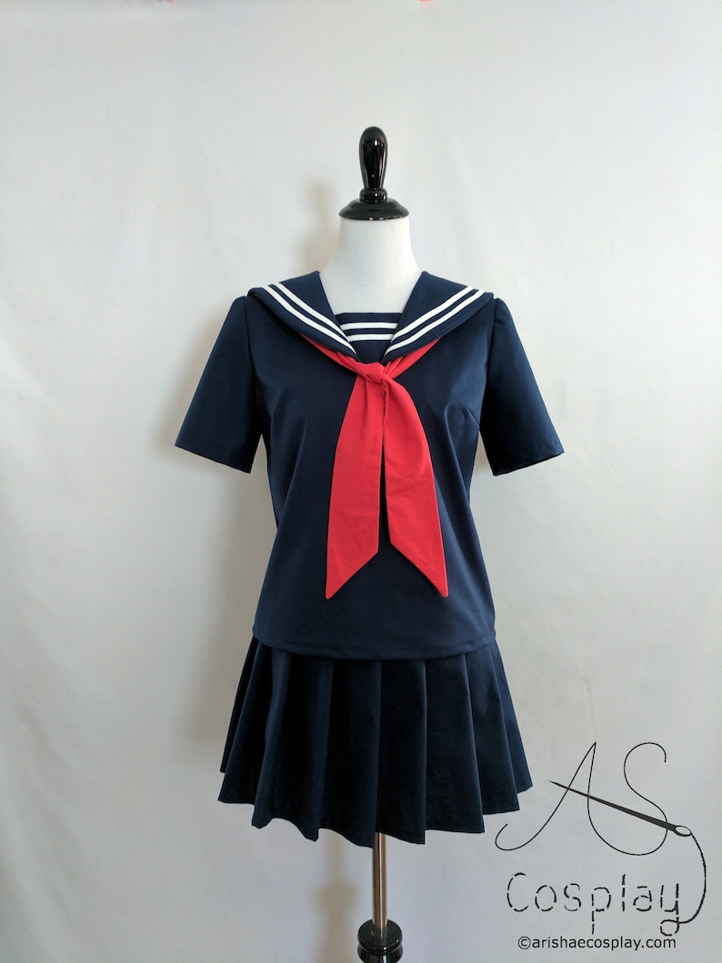 Cosplay Seifuku Navy Blue Knife Pleat Skirt and School Girl Uniform Shirt with Sailor Collar, Modesty Panel, and Tie Sailor Fuku Cosplay image 1