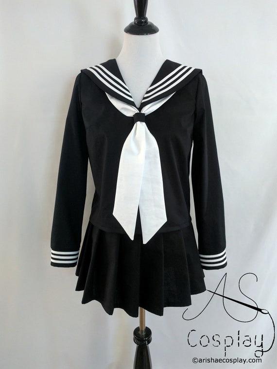 Black and White Sailor Cosplay - Japanese Anime School Uniform - Long Sleeved Black Seifuku with White Stripes and White Tie Black and White Sailor Cosplay - Japanese Anime School Uniform - Long Sleeved Black Seifuku with White Stripes and White Tie