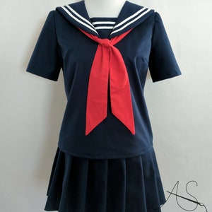 Cosplay Seifuku Navy Blue Knife Pleat Skirt and School Girl Uniform Shirt with Sailor Collar, Modesty Panel, and Tie Sailor Fuku Cosplay image 4