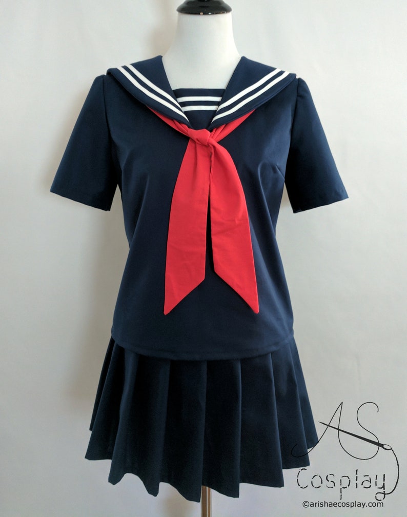 Cosplay Seifuku Navy Blue Knife Pleat Skirt and School Girl Uniform Shirt with Sailor Collar, Modesty Panel, and Tie Sailor Fuku Cosplay image 4