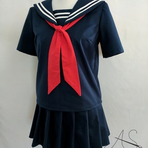 Cosplay Seifuku Navy Blue Knife Pleat Skirt and School Girl Uniform Shirt with Sailor Collar, Modesty Panel, and Tie Sailor Fuku Cosplay image 3