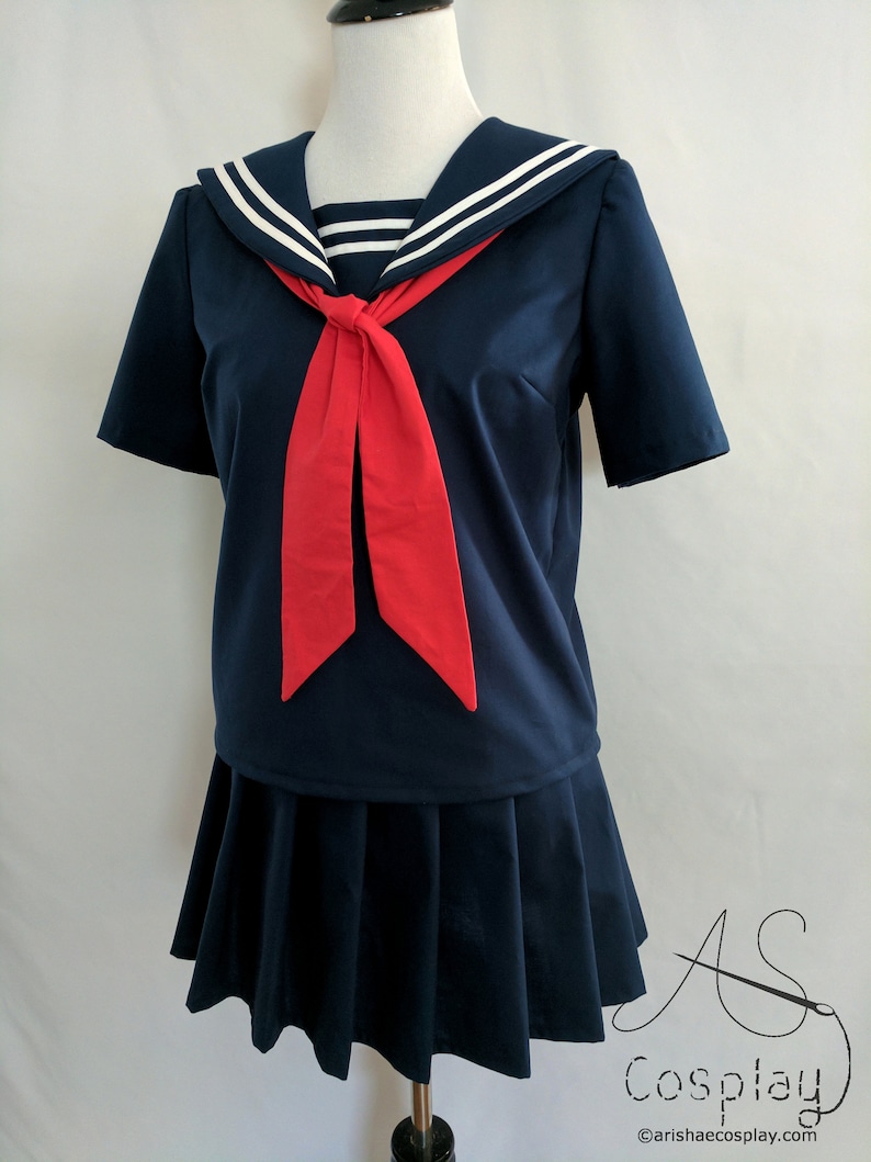 Cosplay Seifuku Navy Blue Knife Pleat Skirt and School Girl Uniform Shirt with Sailor Collar, Modesty Panel, and Tie Sailor Fuku Cosplay image 3